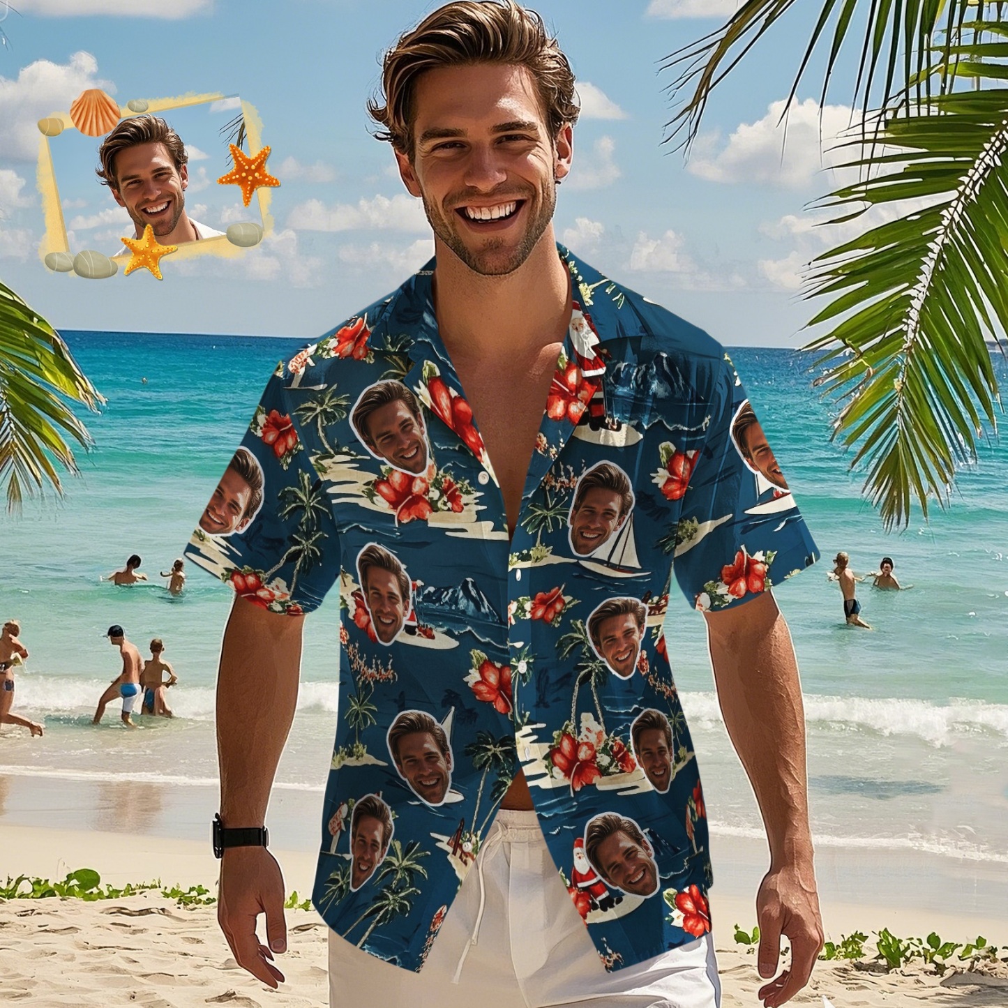 Hawaiihemden für Herren mit Blumen Segelbooten Kokospalmen und Hawaii-