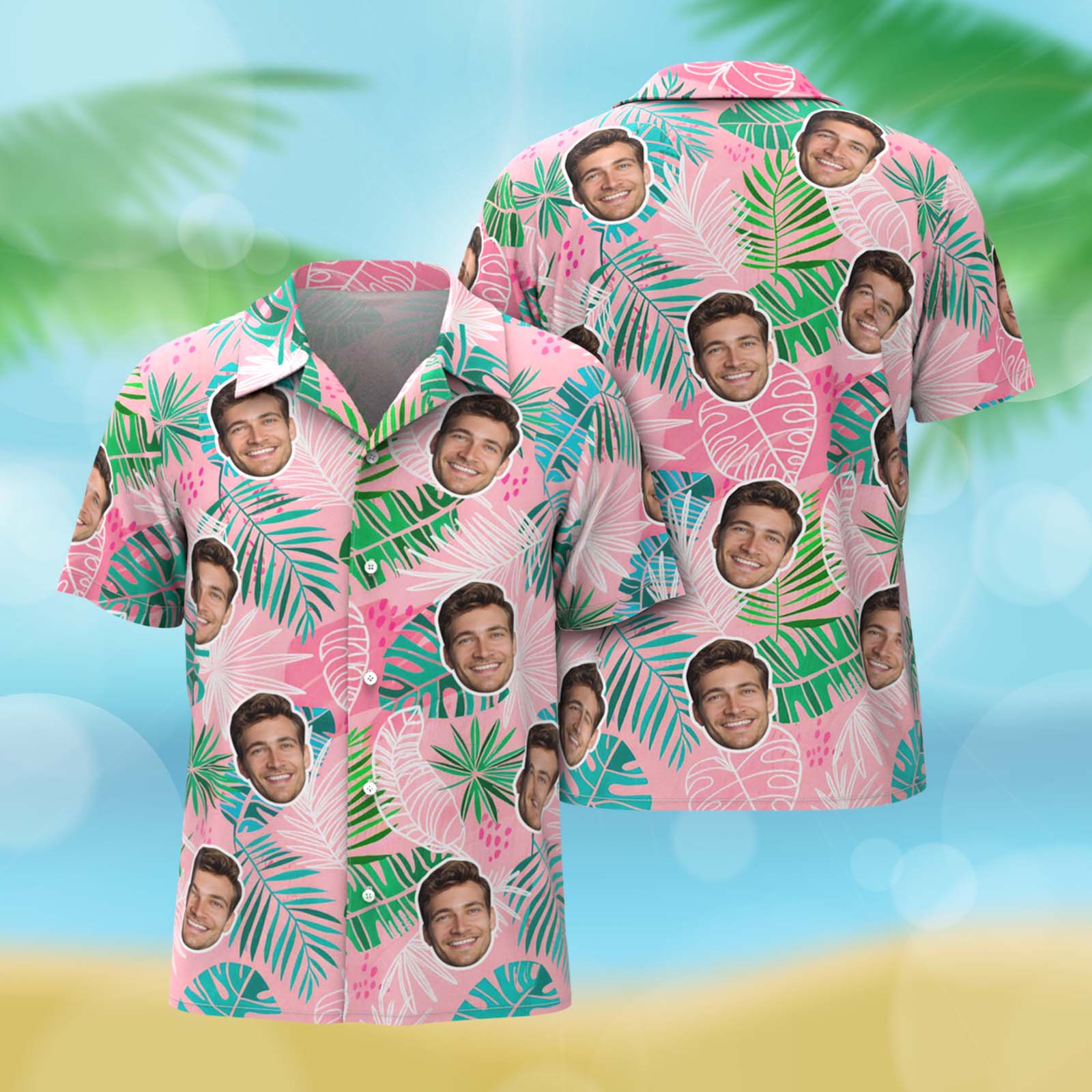 Personalisiertes, Pinkes Hawaiihemd Mit Foto Für Damen, Blättermotiv, Geschenkidee Für Mama