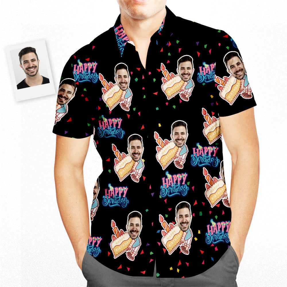 Kundenspezifisches Gesicht alles Gute zum Geburtstag Hawaiihemd Personalisierte Geburtstagsgeschenke die Geburtstagstorte halten