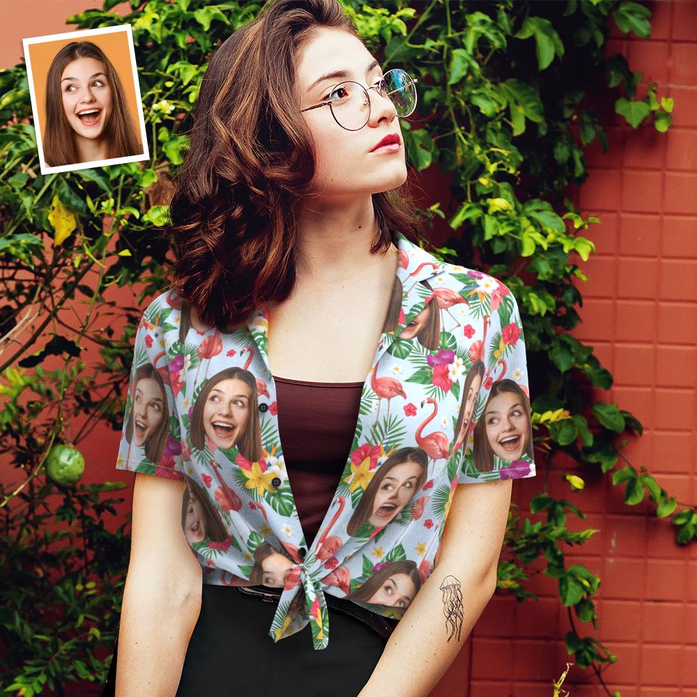 Benutzerdefiniertes Gesicht Hawaiihemd für Frauen Personalisiertes Frauen Foto Hawaiihemd Geschenk für Sie - Flirty Flamingo