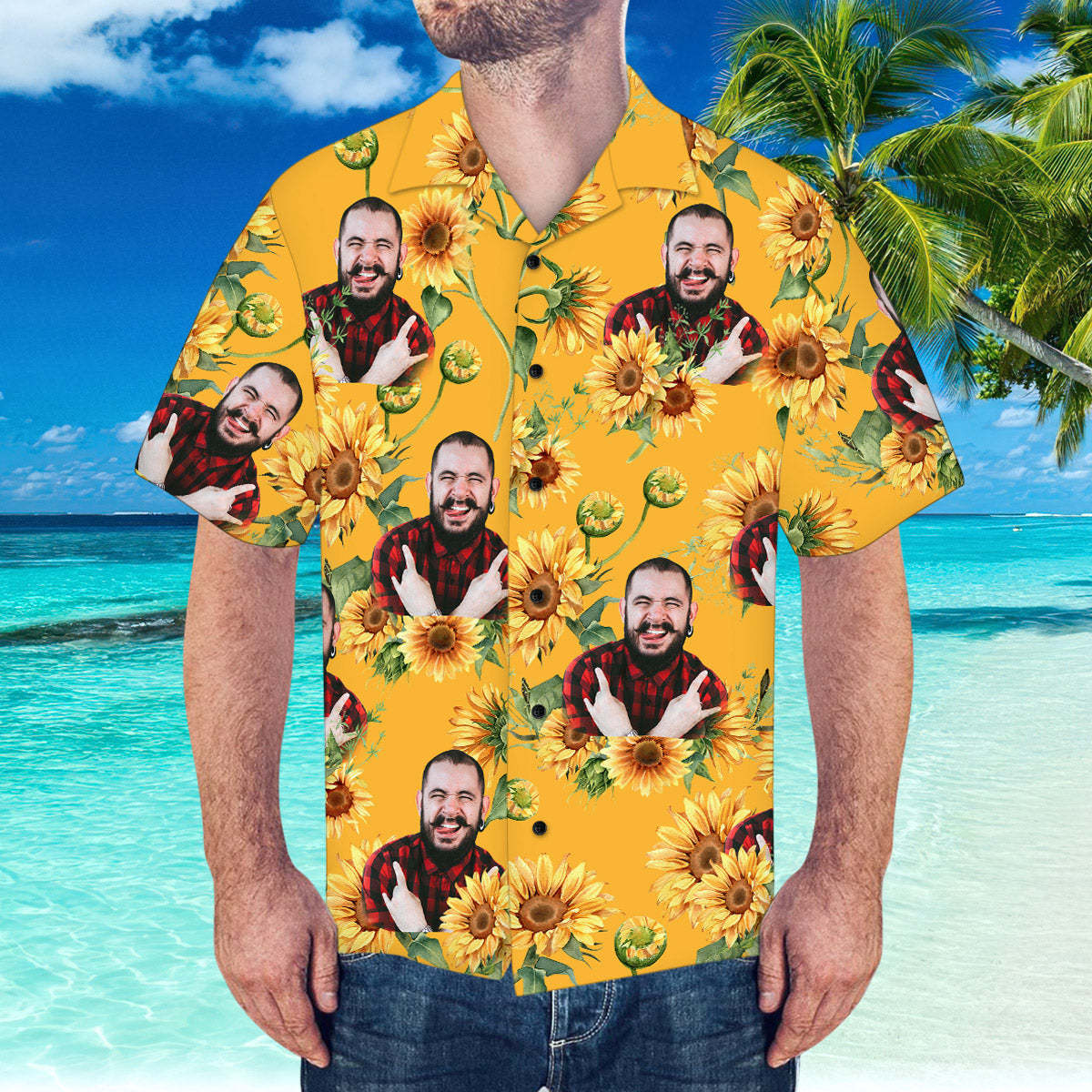 Hawaiihemd Mit Individuellem Gesicht, Sonnenblumenmuster, Hawaiihemd Für Strandparty - DePhotoBoxer