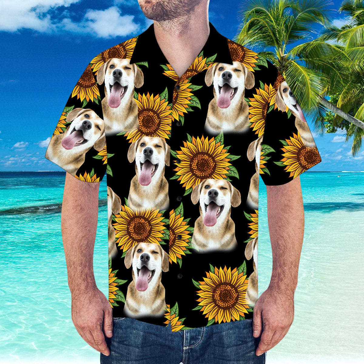 Maßgeschneidertes Hawaii-hemd Mit Ehemann-gesicht, Sonnenblume Und Blätter-shirt Für Strandparty - DePhotoBoxer