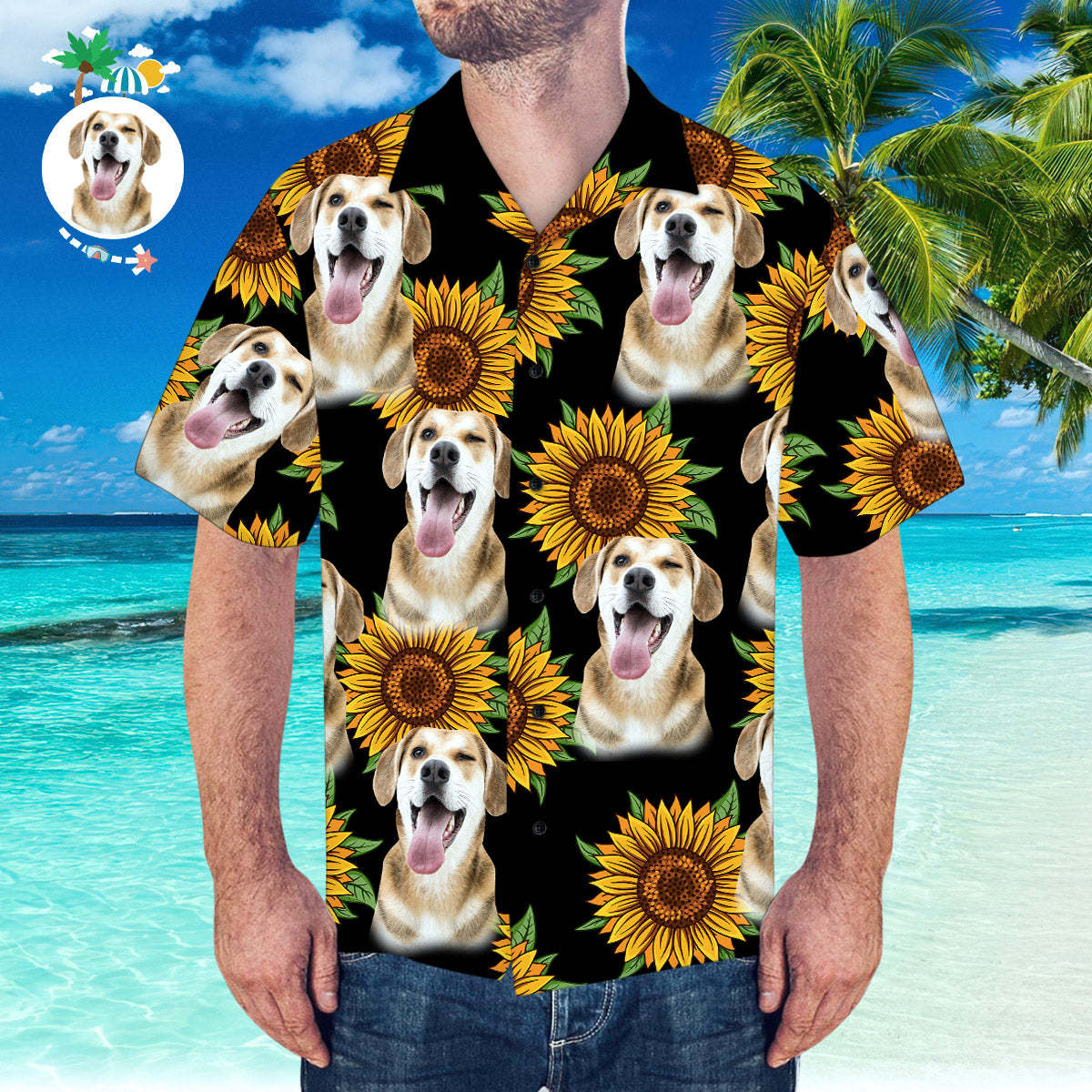 Maßgeschneidertes Hawaii-hemd Mit Ehemann-gesicht, Sonnenblume Und Blätter-shirt Für Strandparty - DePhotoBoxer