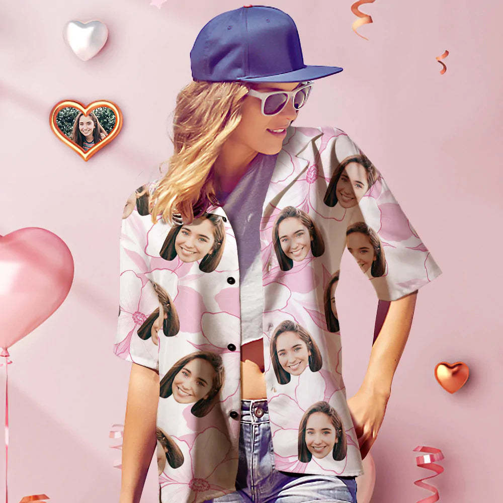 Benutzerdefinierte Gesicht Hawaiian Shirt Personalisierte Frauen Foto Shirt Valentinstag Geschenk für Ihre rosa Blume