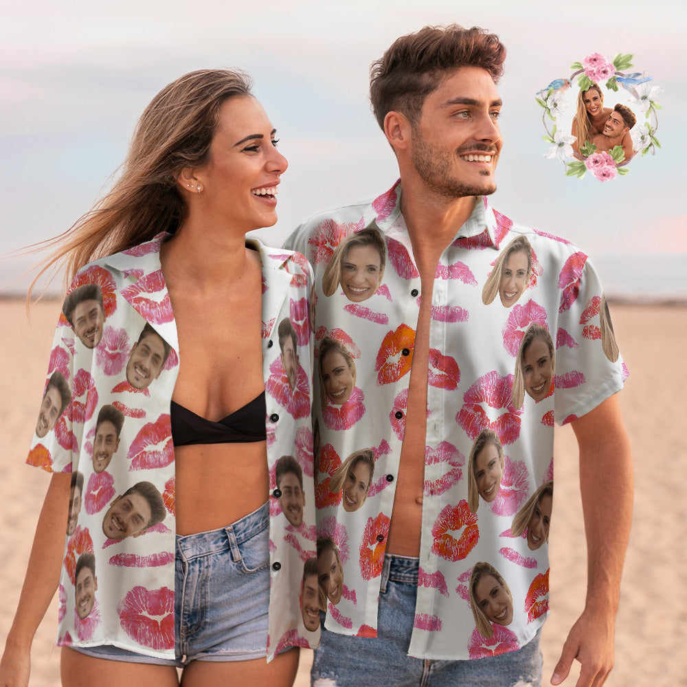 Benutzerdefinierte Gesicht Paar Passende Hawaiian Shirts Liebe Kuss Valentinstag Jubiläumsgeschenk