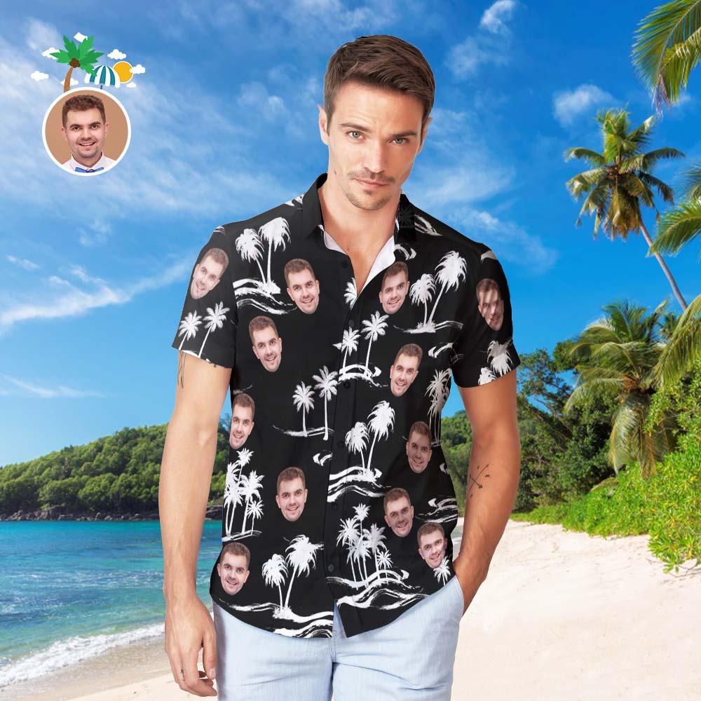 Benutzerdefiniertes Gesicht Hawaiihemd Personalisierte Männer Foto Shirt Palmen Und Wellen - DePhotoBoxer
