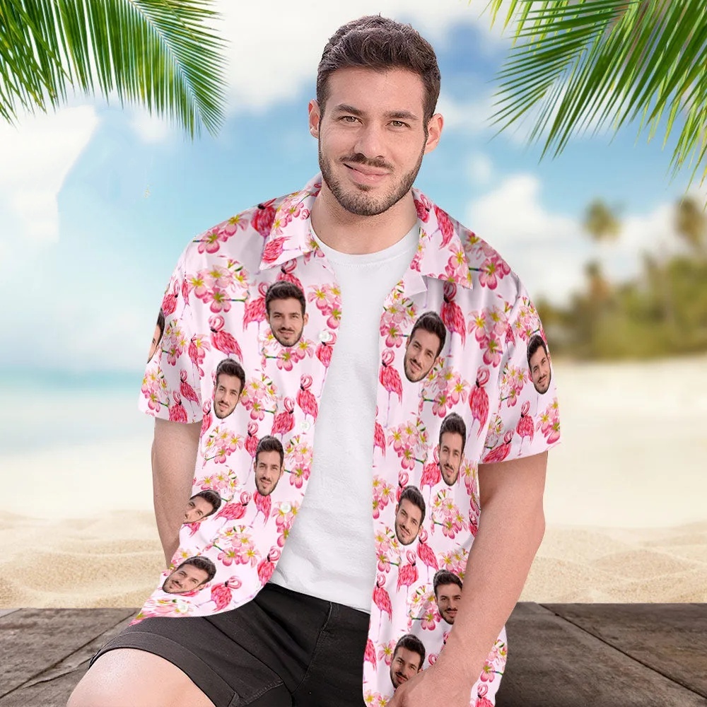Benutzerdefiniertes Gesicht Hawaii-hemd Für Ihn, Personalisiertes Herren-foto-shirt, Rosa Flamingo, Valentinstagsgeschenk