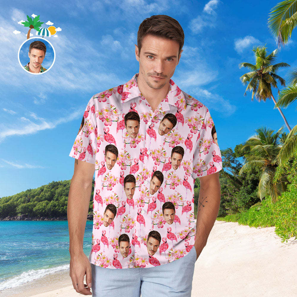 Benutzerdefiniertes Gesicht Hawaii-hemd Für Ihn, Personalisiertes Herren-foto-shirt, Rosa Flamingo, Valentinstagsgeschenk - DePhotoBoxer