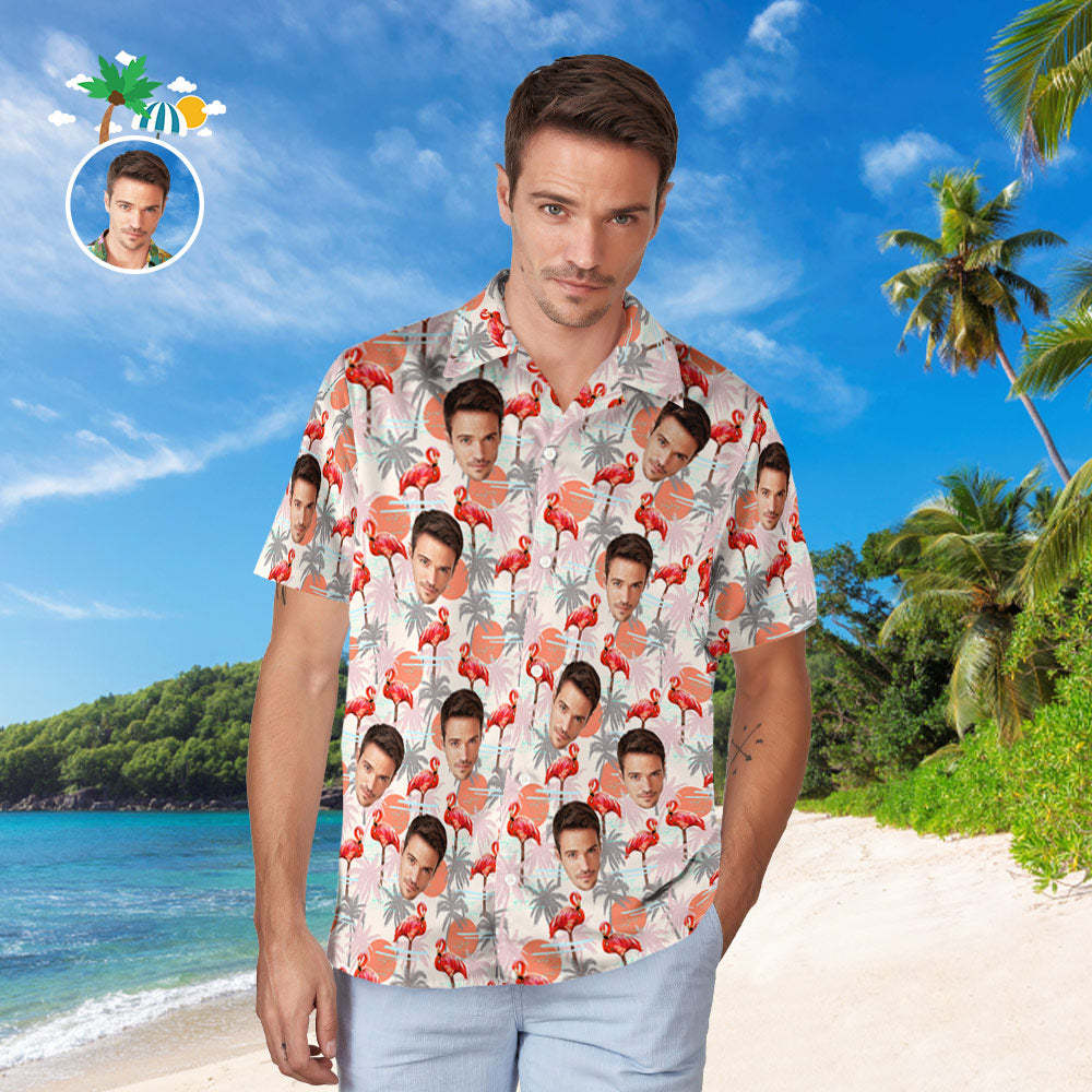 Benutzerdefiniertes Gesicht Hawaii-hemd Für Ihn, Personalisiertes Herren-foto-shirt, Flamingo, Blumen, Valentinstagsgeschenk - DePhotoBoxer