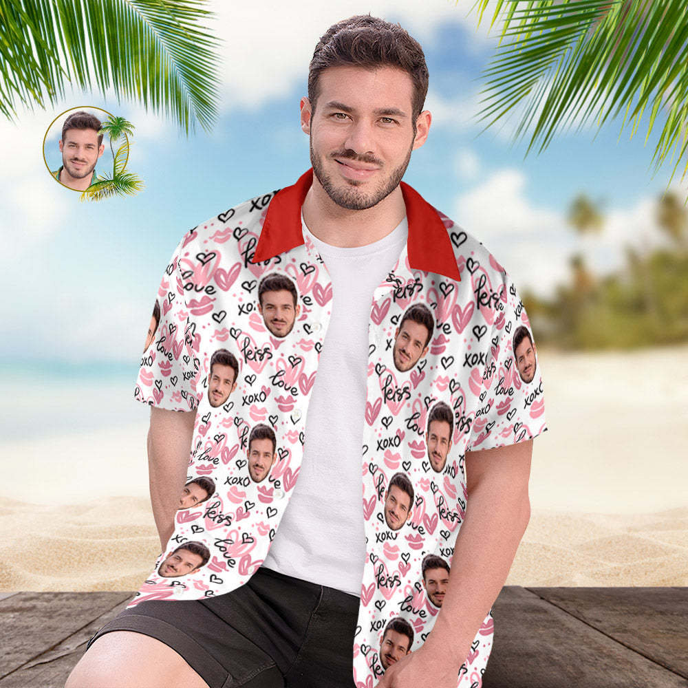 Personalisiertes Gesicht-hawaii-shirt Für Ihn, Personalisiertes Herren-foto-shirt, Love Kiss Xoxo, Valentinstagsgeschenk - DePhotoBoxer
