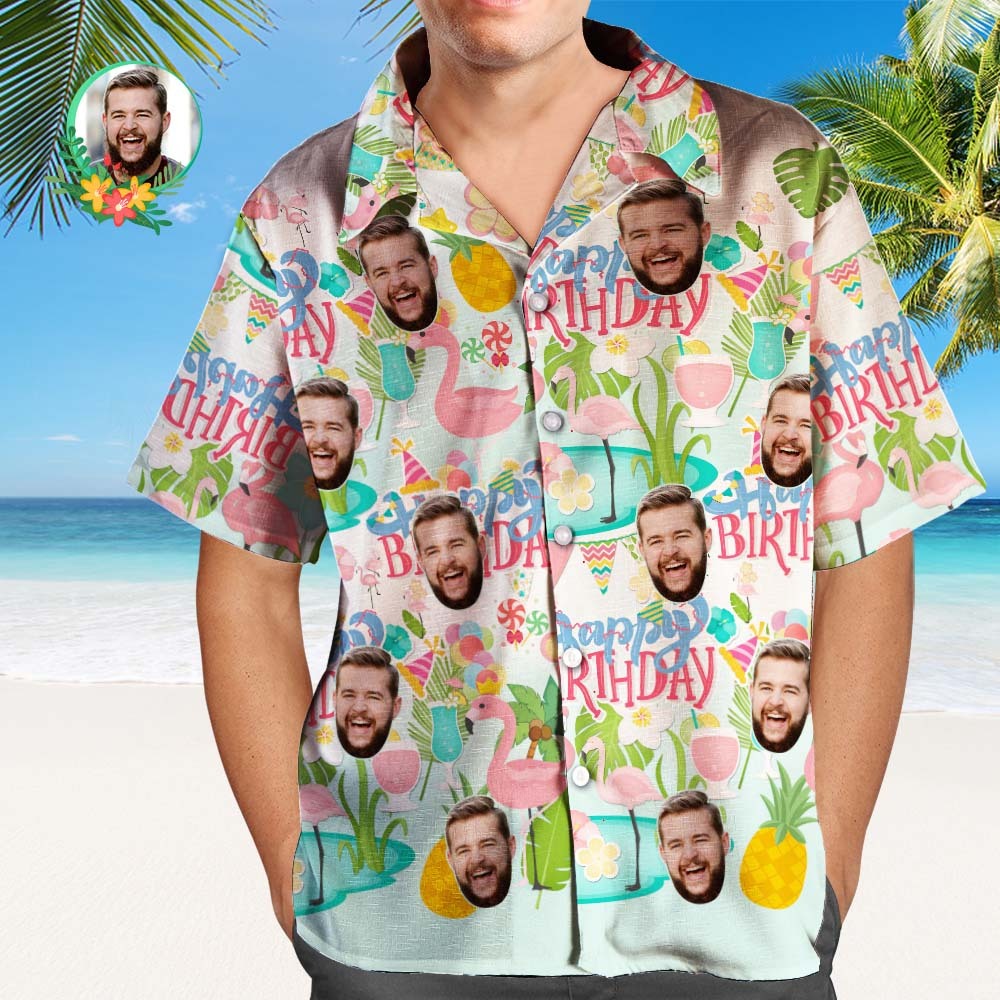 Benutzerdefinierte Happy Birthday Hawaiian Shirt Flamingo Party Personalisierte Gesicht Shirt