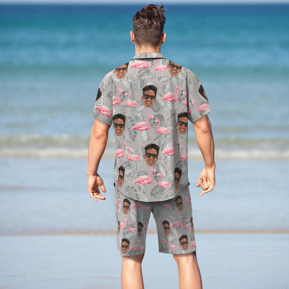 Benutzerdefiniertes Gesicht-hawaii-hemd Und Strand-shorts-set, Personalisiertes Herrenfoto, Lässiges Resort-flamingo-druck-set, Urlaubsparty-geschenk - DePhotoBoxer