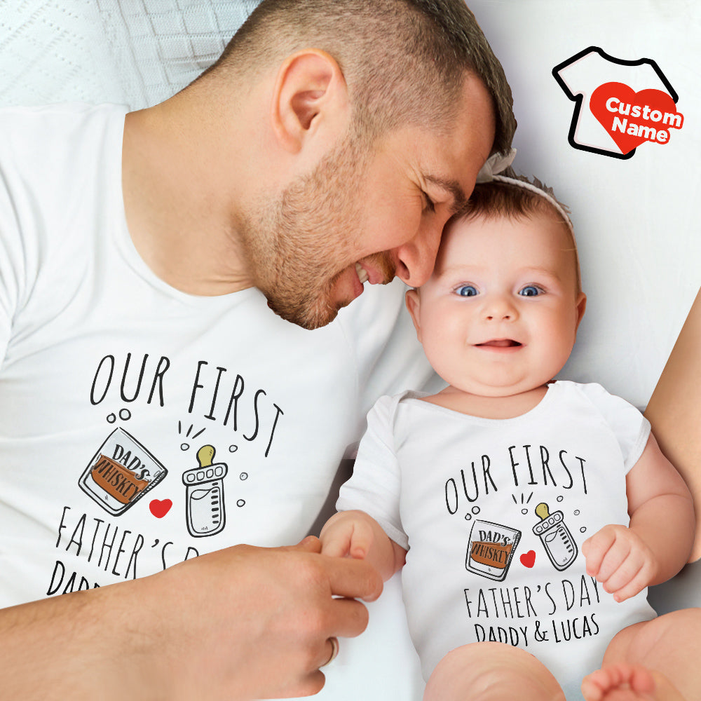 Personalisierte Name Shirt Custom Geschenk für Papa Bier und Liebe Shirt Unser erster Vatertag Daddy und Baby Matching Outfits