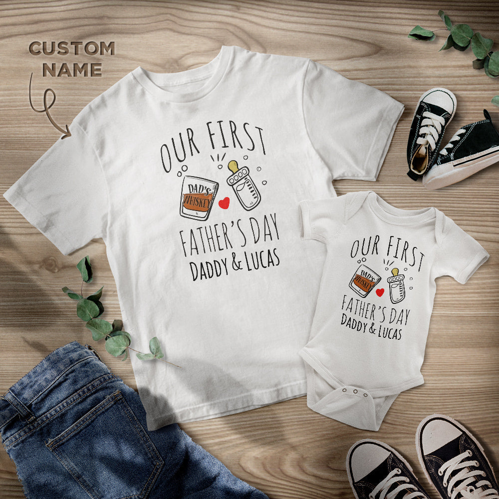 Personalisierte Name Shirt Custom Geschenk für Papa Bier und Liebe Shirt Unser erster Vatertag Daddy und Baby Matching Outfits