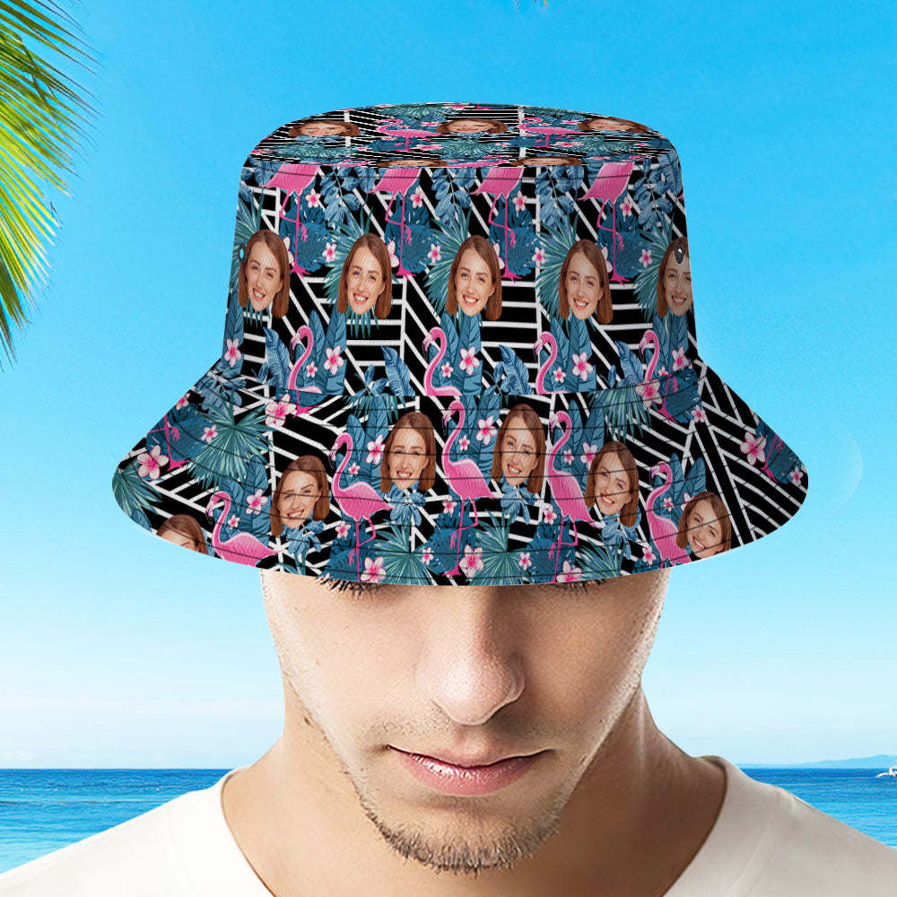 Benutzerdefinierter Eimerhut, Unisex-Gesicht, Eimerhut, personalisierbar, breite Krempe, Outdoor-Sommerkappe, Wandern, Strand, Sporthüte, Geschenk für Liebhaber – Flamingo