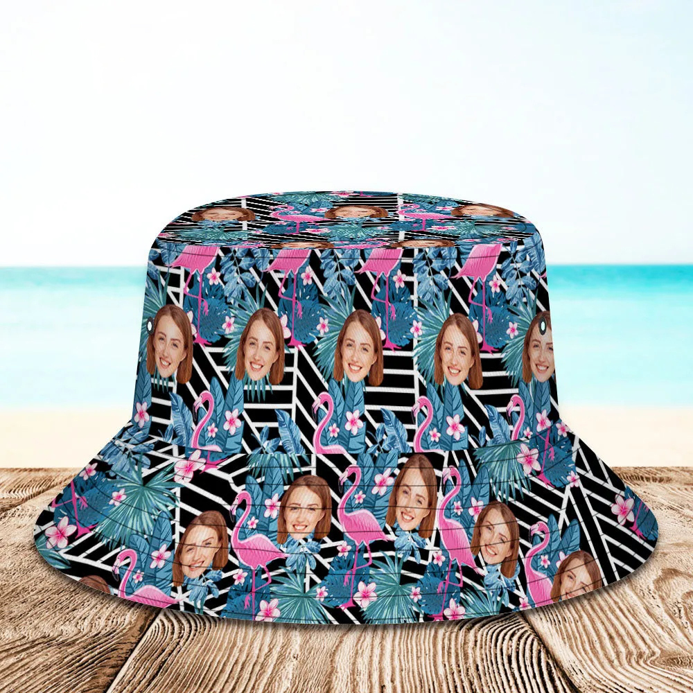 Benutzerdefinierter Eimerhut, Unisex-Gesicht, Eimerhut, personalisierbar, breite Krempe, Outdoor-Sommerkappe, Wandern, Strand, Sporthüte, Geschenk für Liebhaber – Flamingo