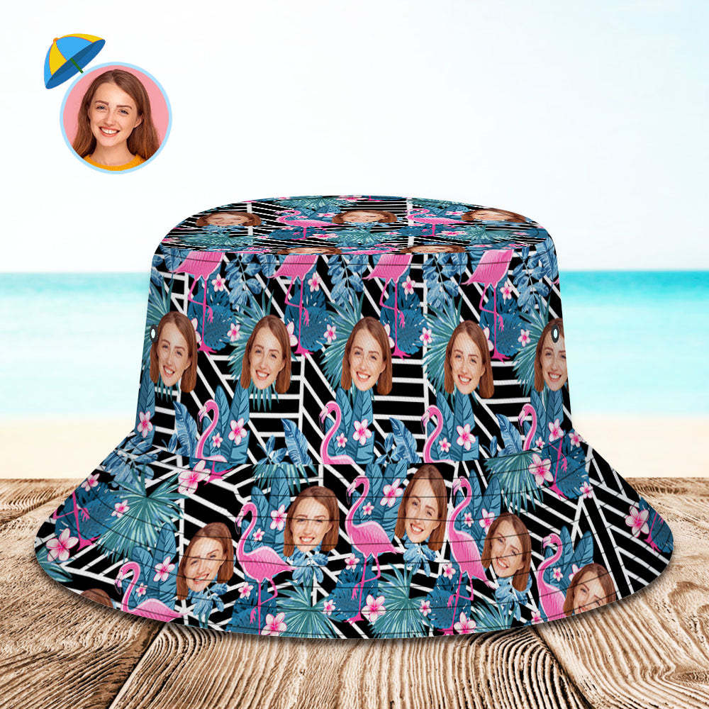 Benutzerdefinierter Eimerhut, Unisex-Gesicht, Eimerhut, personalisierbar, breite Krempe, Outdoor-Sommerkappe, Wandern, Strand, Sporthüte, Geschenk für Liebhaber – Flamingo