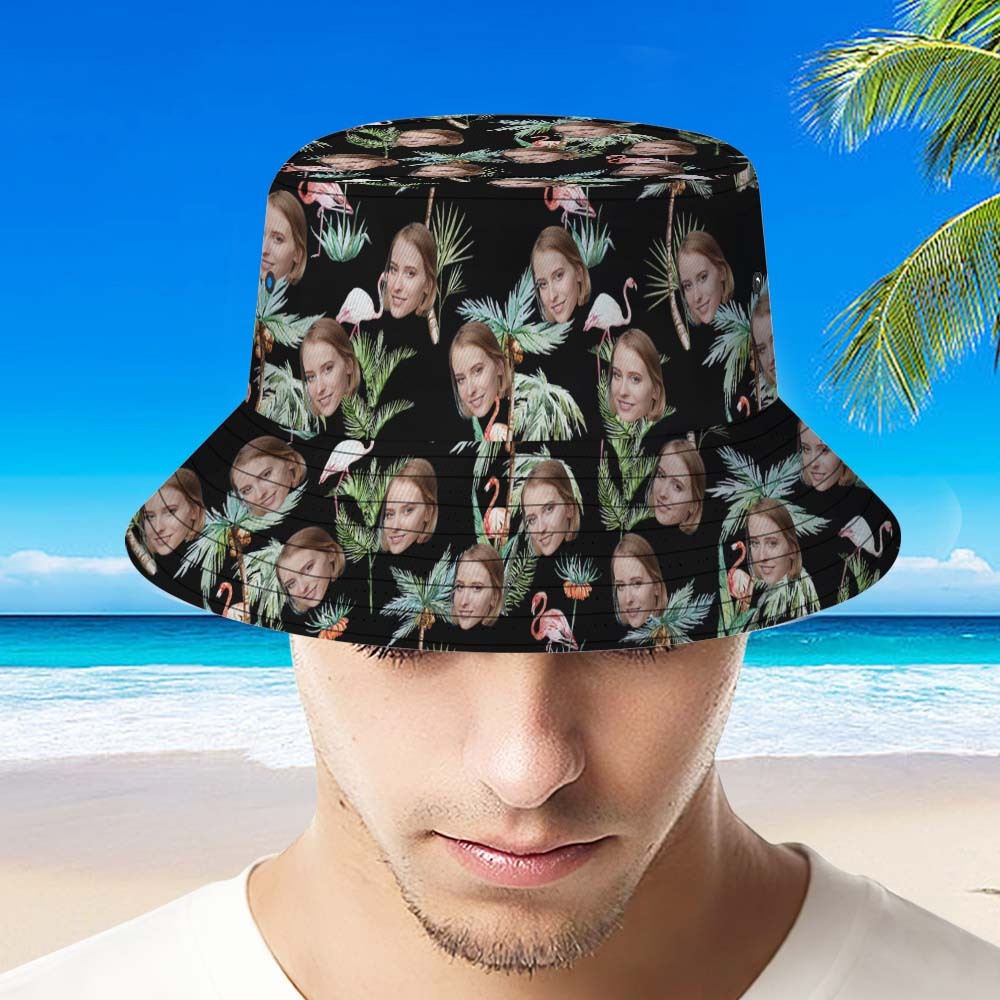 Benutzerdefinierte Face Bucket Hat Unisex Face Bucket Hat Flamingo Nights Palmtrees - DePhotoBoxer