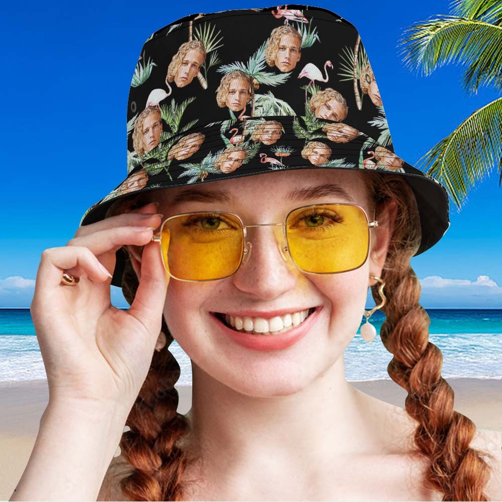 Benutzerdefinierte Face Bucket Hat Unisex Face Bucket Hat Flamingo Nights Palmtrees - DePhotoBoxer