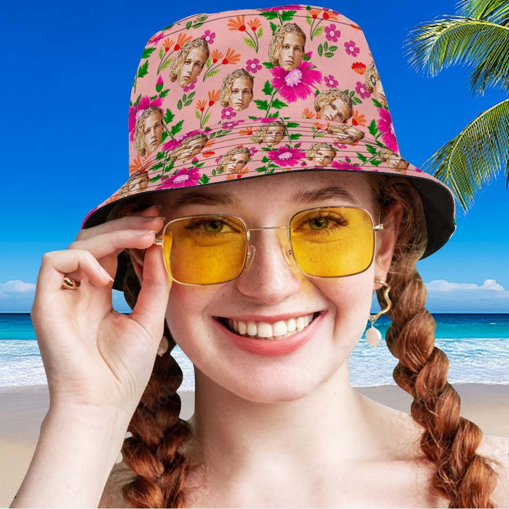 Benutzerdefinierter Eimerhut Unisex-gesichtseimerhut Rosa Blumen Und Grüne Blätter - DePhotoBoxer