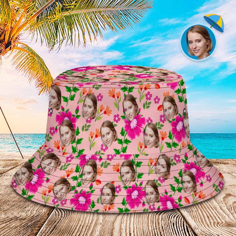 Benutzerdefinierter Eimerhut Unisex-gesichtseimerhut Rosa Blumen Und Grüne Blätter - DePhotoBoxer