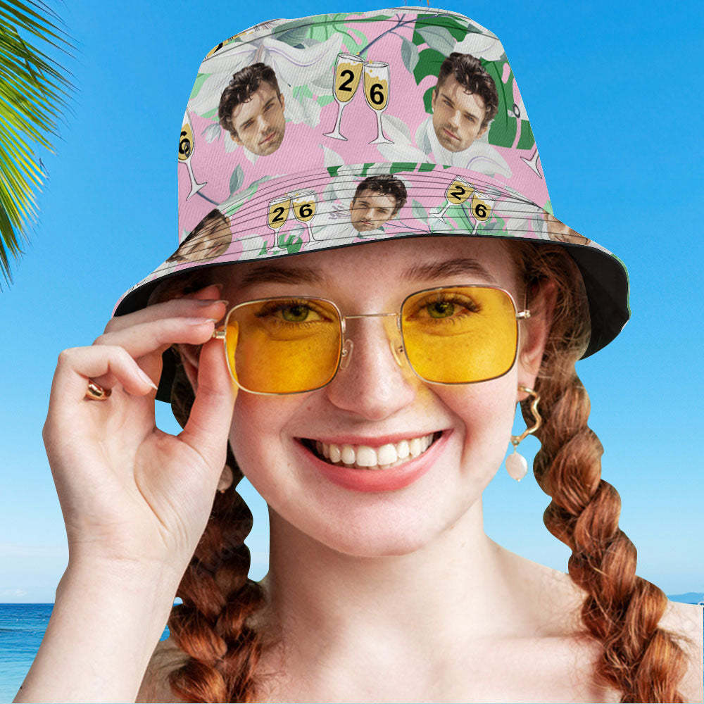 Benutzerdefinierte Gesichts-eimerhut-nummer In Weinglas, Rosa Und Grüne Ärmel, Gesichts-eimerhut-geschenk Für Ihn - DePhotoBoxer