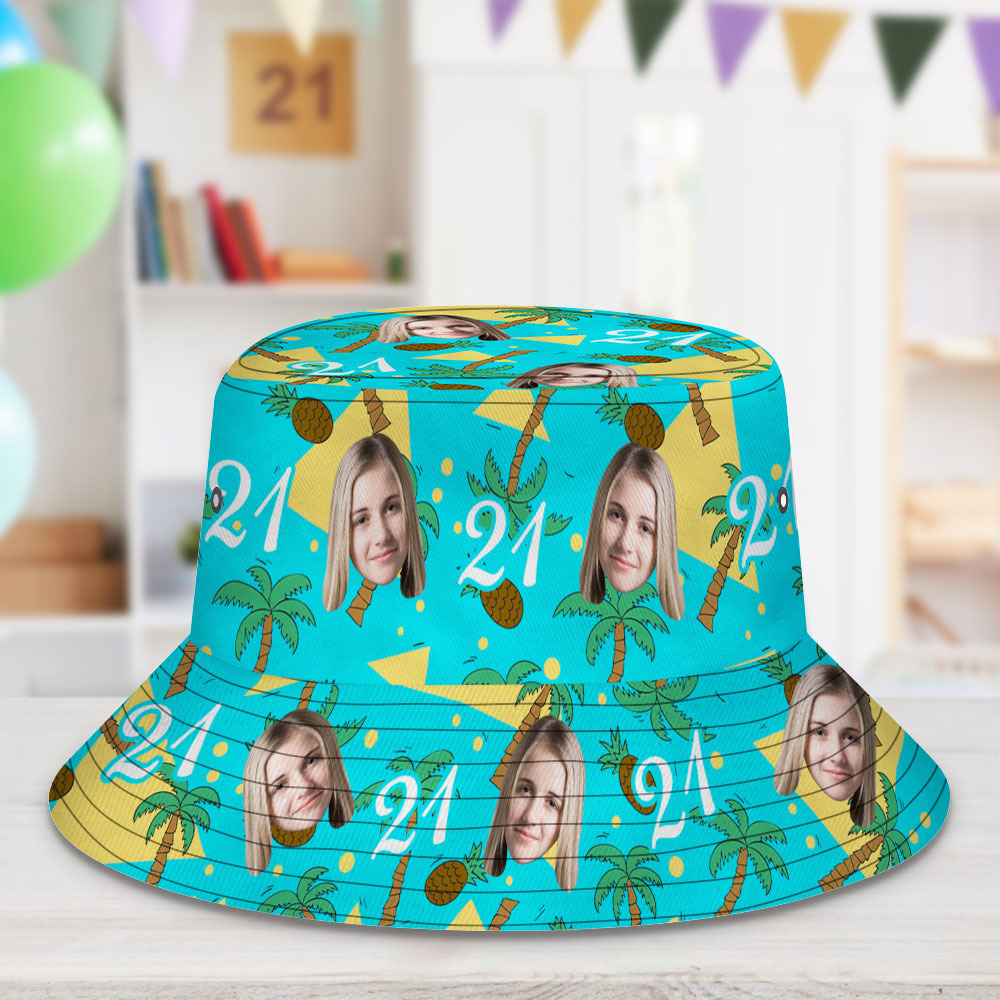 Benutzerdefinierter Buckethat Mit Mehrfarbigem Gesicht Und Zahlen, Kokosnussbaum Und Ananas, Geschenk Für Männer - DePhotoBoxer