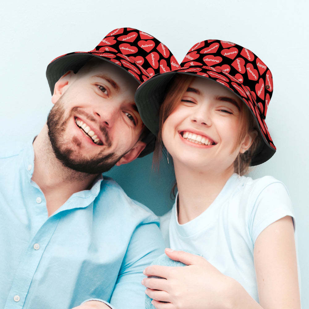 Benutzerdefinierte Name Eimer Hut Unisex Personalisierte Text Sommer Cap Wandern Strand Hüte mit Liebe Herz