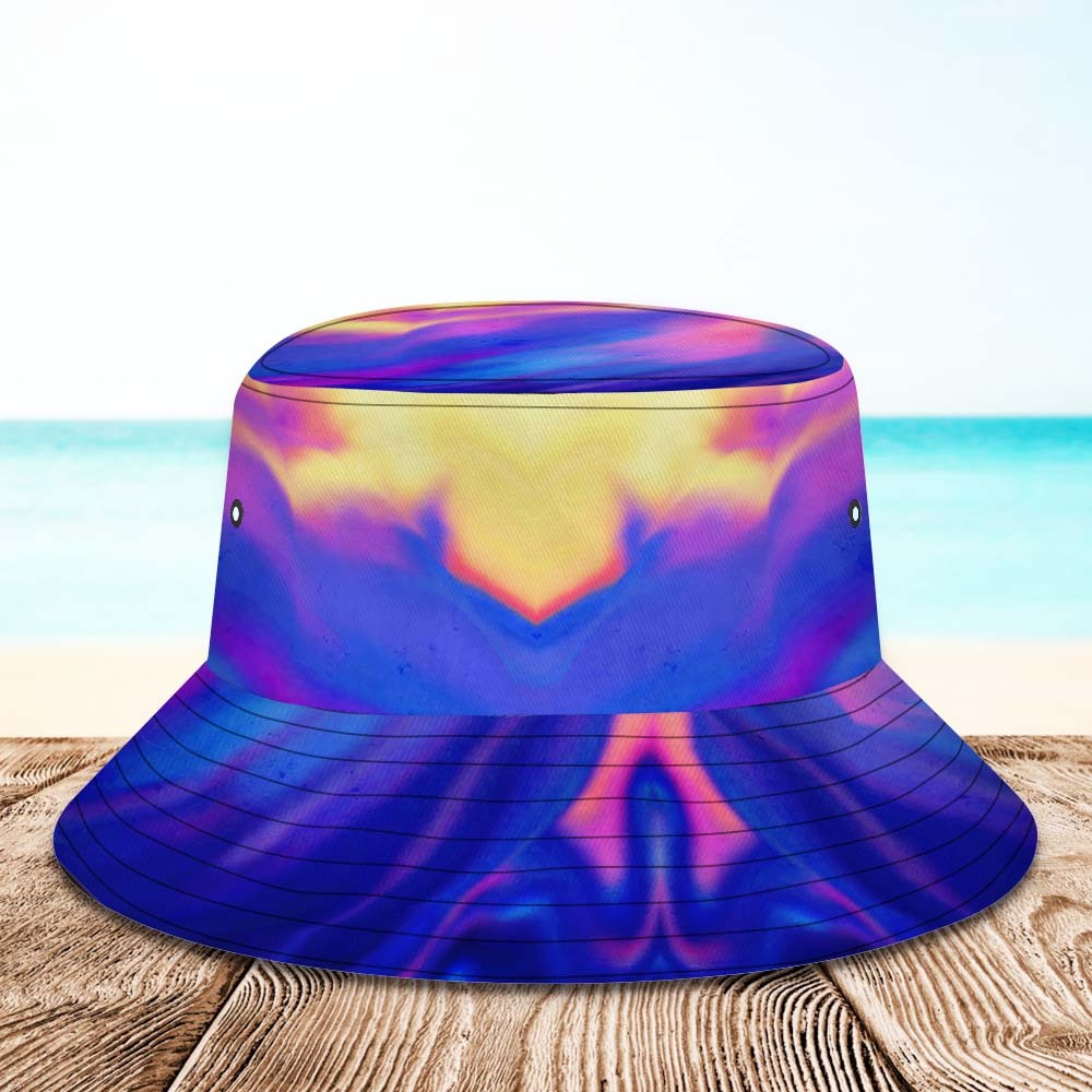 Benutzerdefinierte Gesichts-eimermütze, Unisex, Personalisierbar, Breite Krempe, Outdoor-sommermütze, Wandern, Strand, Sporthüte, Abstrakte Textur, Lila Und Gelb - DePhotoBoxer