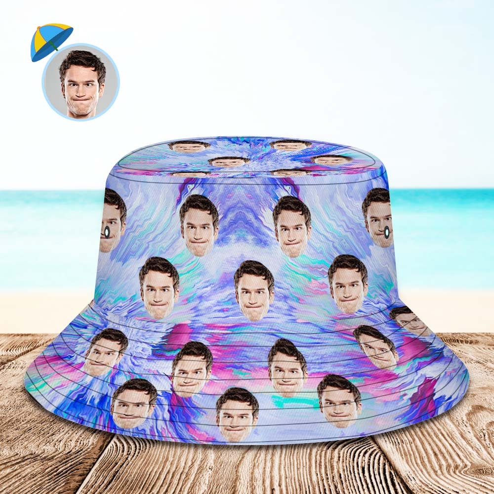 Benutzerdefinierte Gesichts-eimermütze, Unisex, Personalisierbar, Breite Krempe, Outdoor-sommermütze, Wandern, Strand, Sporthüte, Lila Und Blau, Abstrakte Textur - DePhotoBoxer