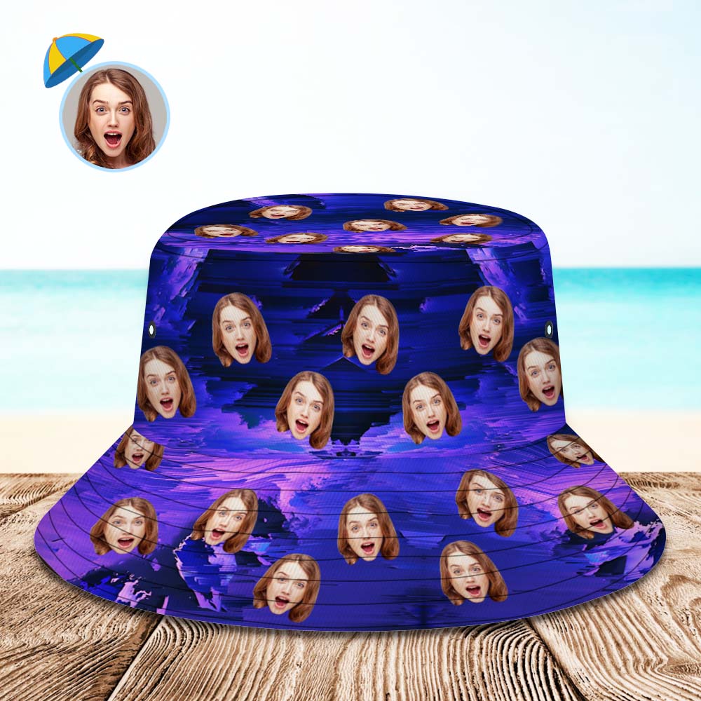 Benutzerdefinierter Foto-eimerhut, Unisex, Personalisiertes Gesicht, Wandern, Strand, Sporthüte, Dunkellila, Abstrakte Textur - DePhotoBoxer