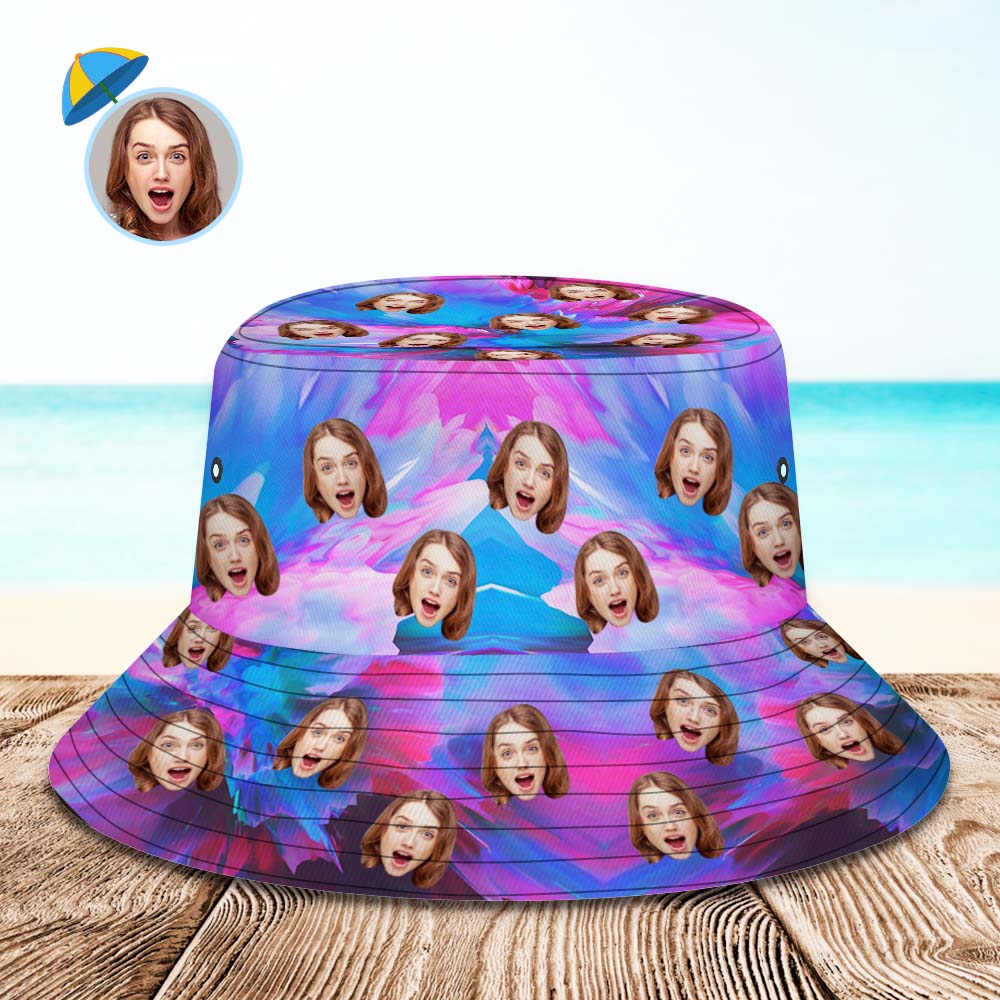 Benutzerdefinierte Gesichts-eimermütze, Personalisierbar, Für Wandern, Strand, Sport, Unisex, Lila Und Blau, Abstrakte Textur - DePhotoBoxer