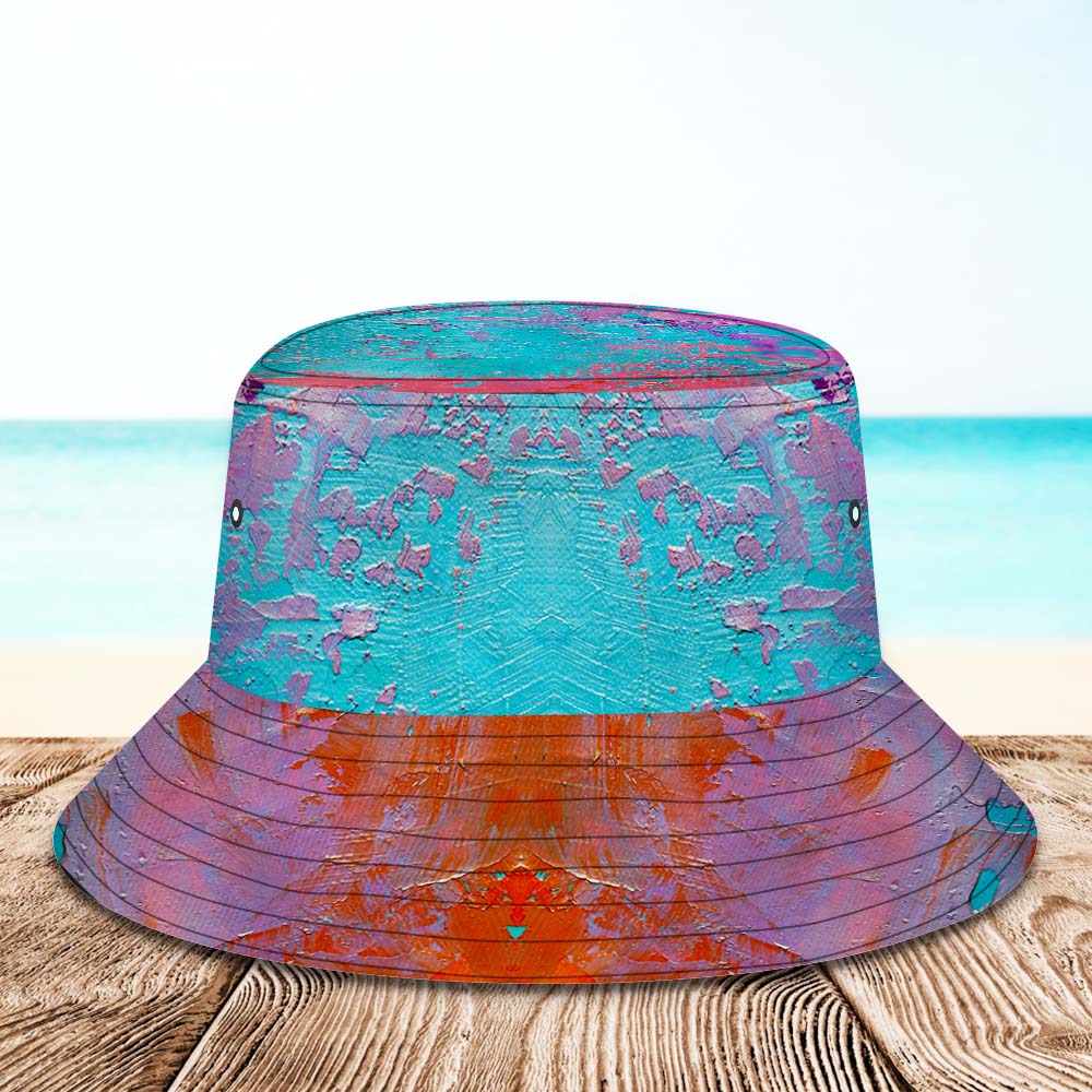 Benutzerdefinierter Gesichts-eimerhut, Unisex, Personalisierbar, Breite Krempe, Outdoor-sommerhüte, Blauer Und Oranger Ölgemälde-stil - DePhotoBoxer