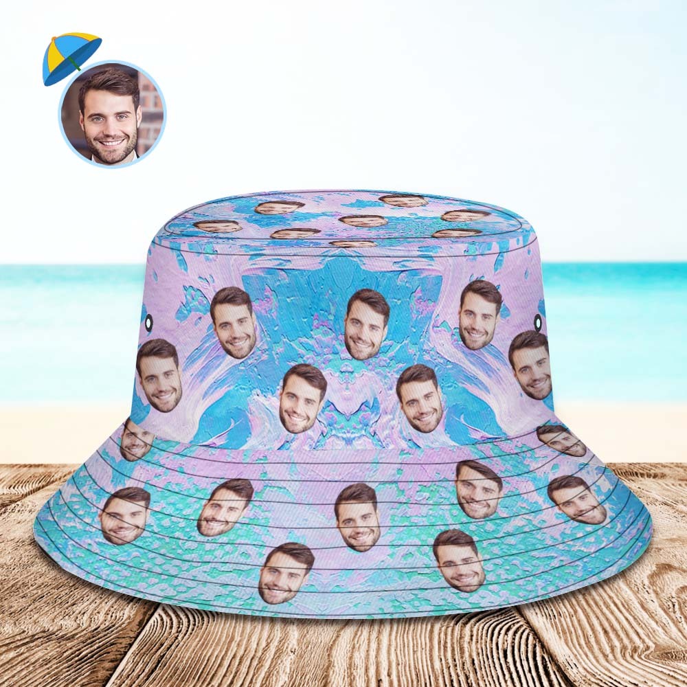 Benutzerdefinierte Gesichts-eimerhut, Unisex, Personalisierbar, Breite Krempe, Outdoor-sommerhüte, Blauer Und Rosa Ölgemälde-stil - DePhotoBoxer
