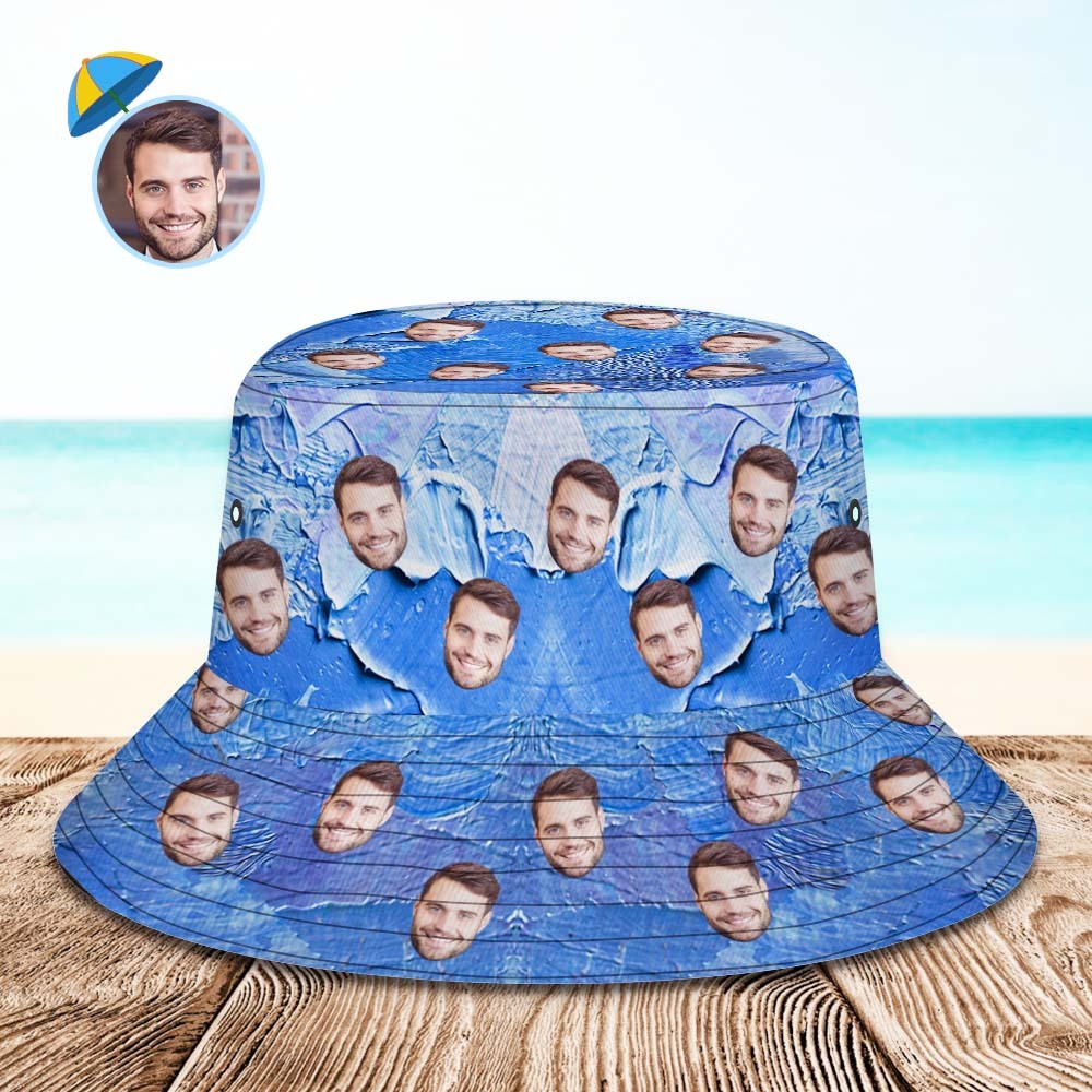 Benutzerdefinierte Gesichts-eimerhut, Unisex, Personalisierbar, Breite Krempe, Outdoor-sommerhüte, Gadient-blau, Ölgemälde-stil - DePhotoBoxer