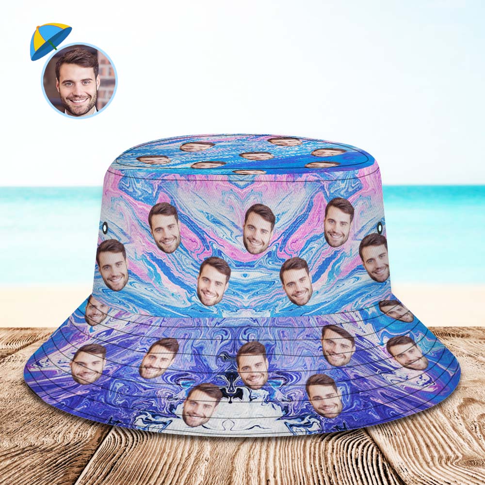 Benutzerdefinierter Gesichts-eimerhut, Unisex, Personalisierbar, Breite Krempe, Outdoor-sommerhüte, Lila, Blau Und Rosa, Ölgemälde-stil - DePhotoBoxer