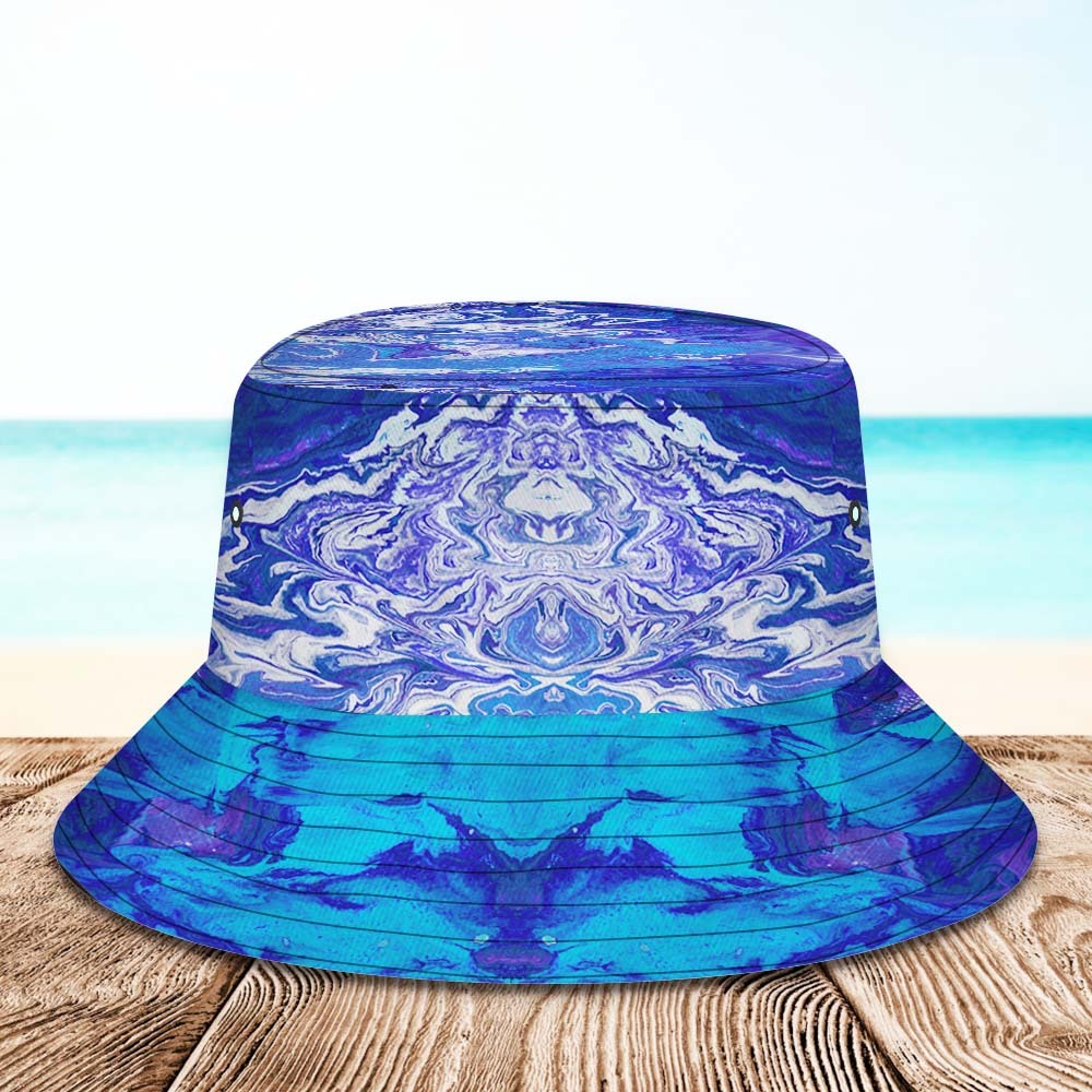 Benutzerdefinierte Gesichts-eimerhut, Unisex, Personalisierbar, Breite Krempe, Outdoor-sommerhüte, Blauer Ölgemälde-stil - DePhotoBoxer