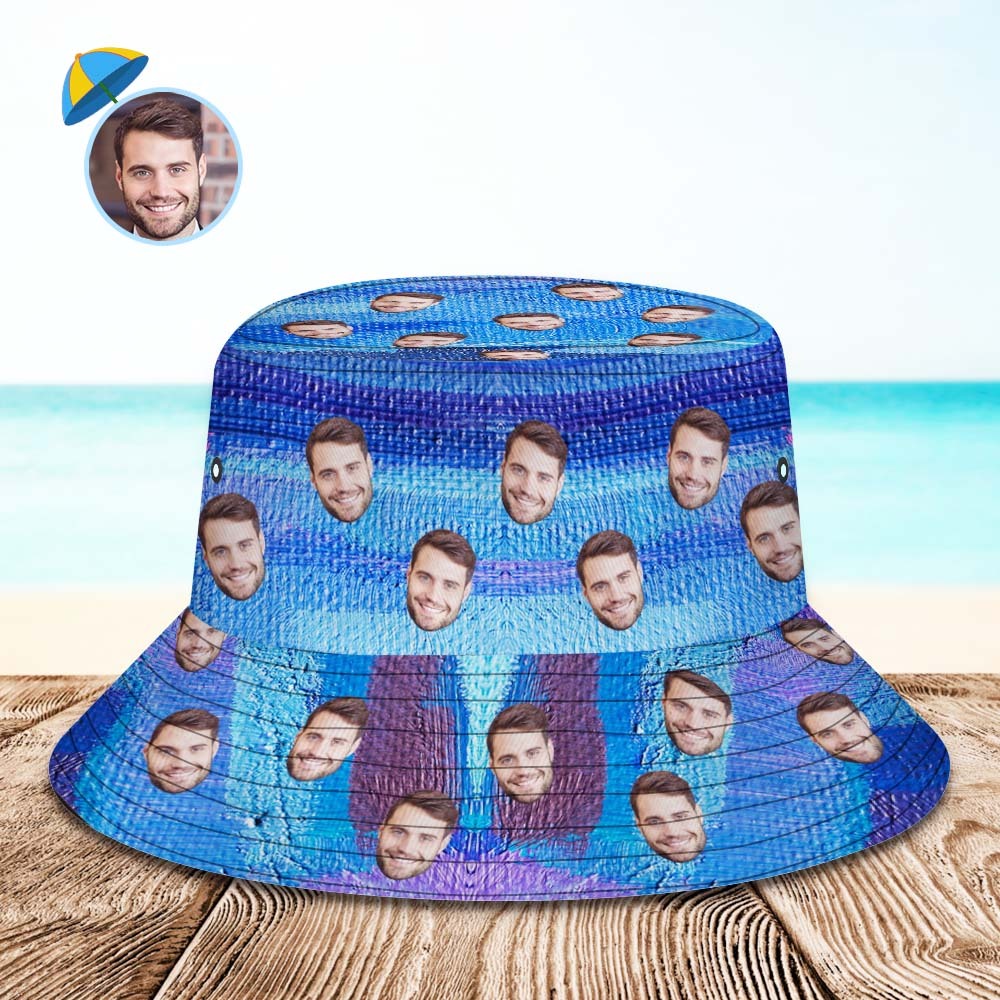 Benutzerdefinierte Gesichts-eimerhut, Unisex, Personalisiertes Foto, Breite Krempe, Outdoor-sommerhüte, Blauer Ölgemälde-stil - DePhotoBoxer
