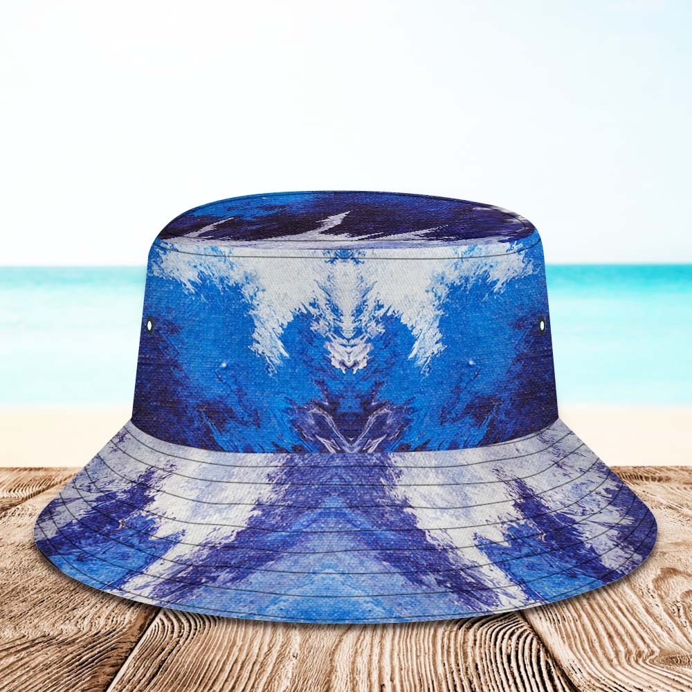 Benutzerdefinierte Gesichts-eimerhut, Unisex, Personalisiertes Foto, Breite Krempe, Outdoor-sommerhüte, Blau-weißer Ölgemälde-stil - DePhotoBoxer