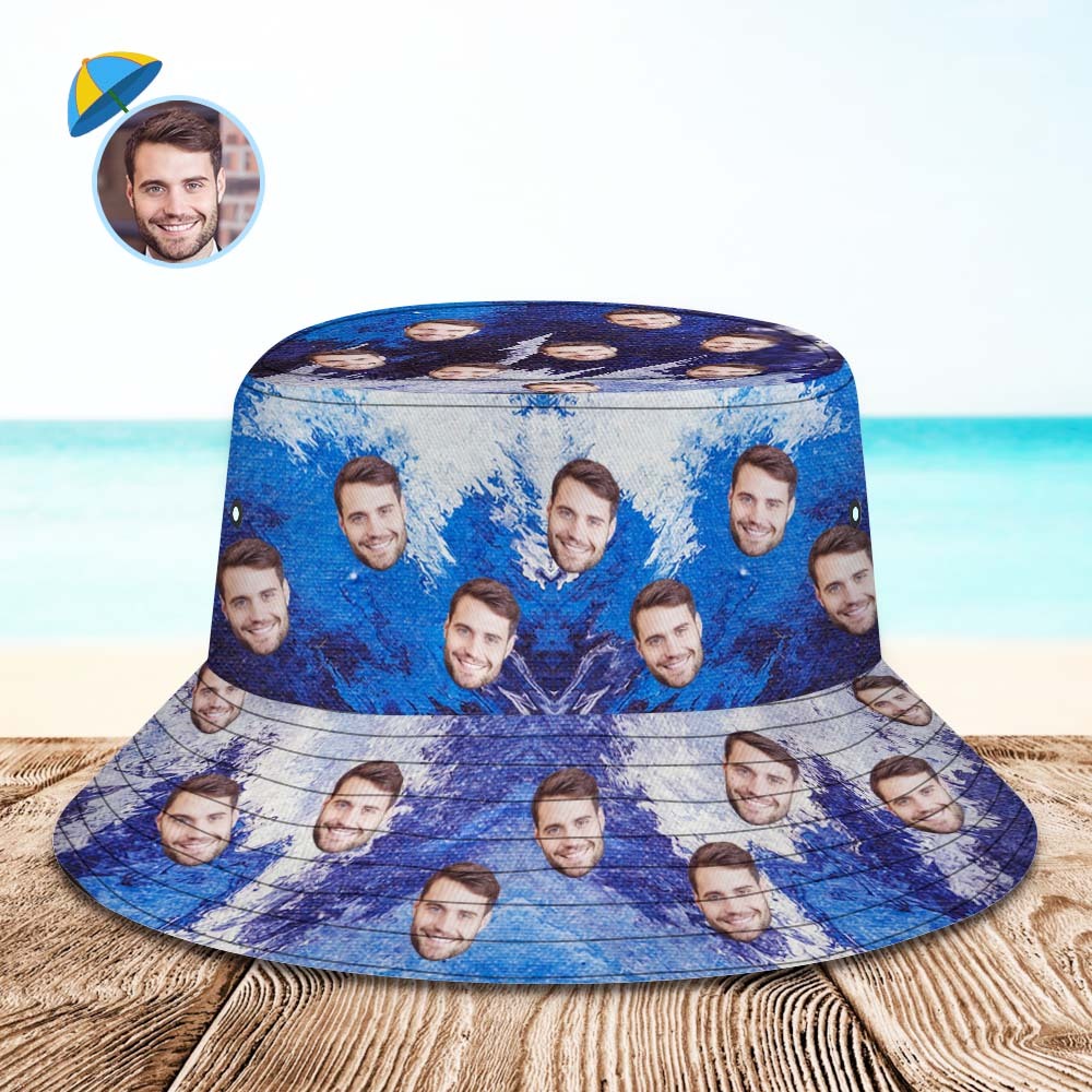 Benutzerdefinierte Gesichts-eimerhut, Unisex, Personalisiertes Foto, Breite Krempe, Outdoor-sommerhüte, Blau-weißer Ölgemälde-stil - DePhotoBoxer