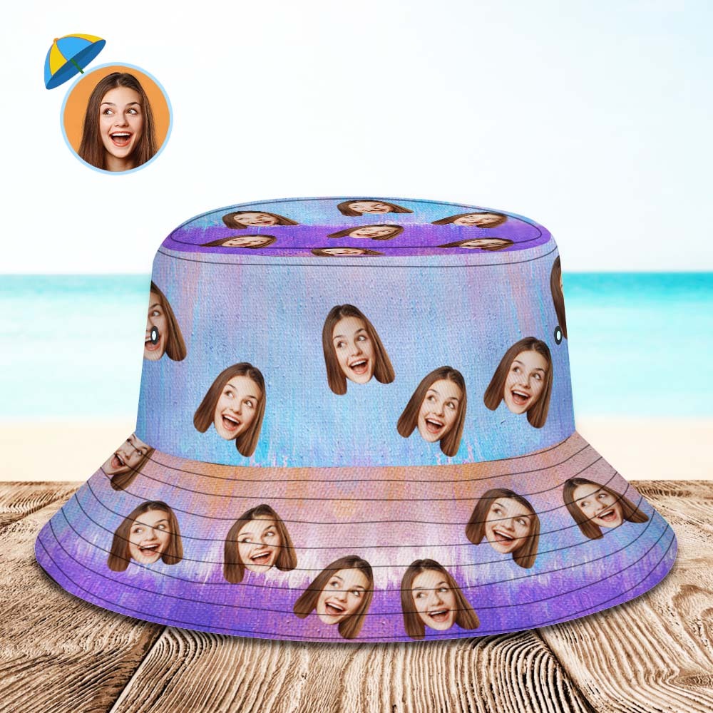 Benutzerdefinierte Gesichts-eimerhut, Unisex, Personalisiertes Foto, Breite Krempe, Outdoor-sommerhüte, Lila, Blau Und Orange, Ölgemälde-stil - DePhotoBoxer