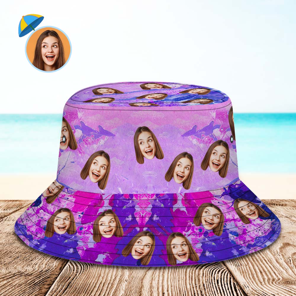 Benutzerdefinierte Gesichts-eimerhut, Personalisiertes Foto, Breite Krempe, Outdoor, Unisex, Sommerhüte, Lila Ölgemälde-stil - DePhotoBoxer