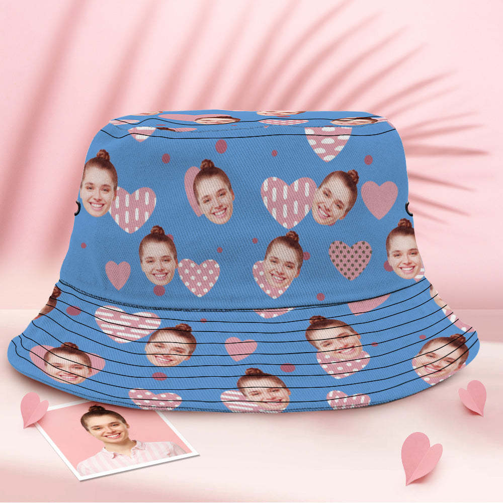 Benutzerdefinierte Gesicht Blau Eimer Hut Unisex Personalisierte Foto Rosa Herz Sommer Cap Wandern Strand Hüte - DePhotoBoxer