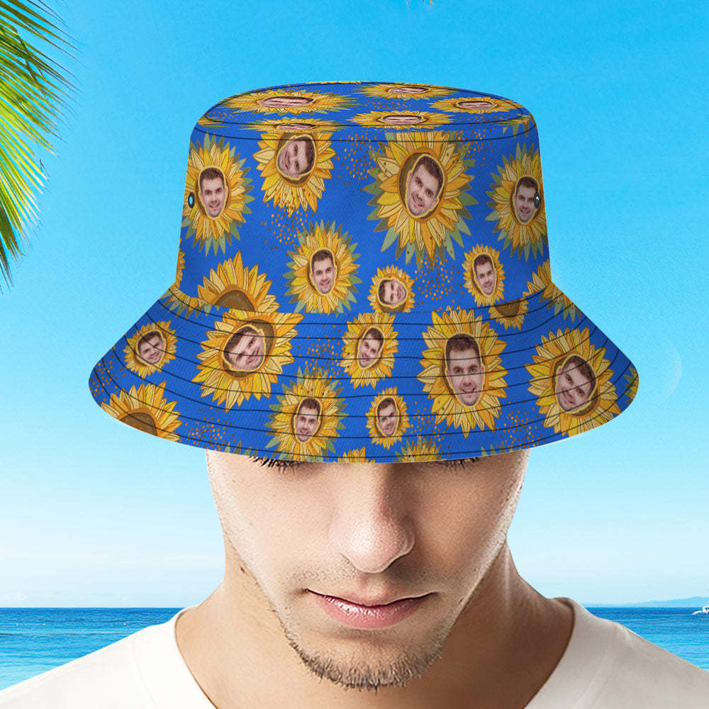 Benutzerdefinierte Gesichts-eimermütze, Unisex, Personalisiertes Foto, Sonnenblume, Sommermütze, Bunte Wander- Und Strandhüte - DePhotoBoxer
