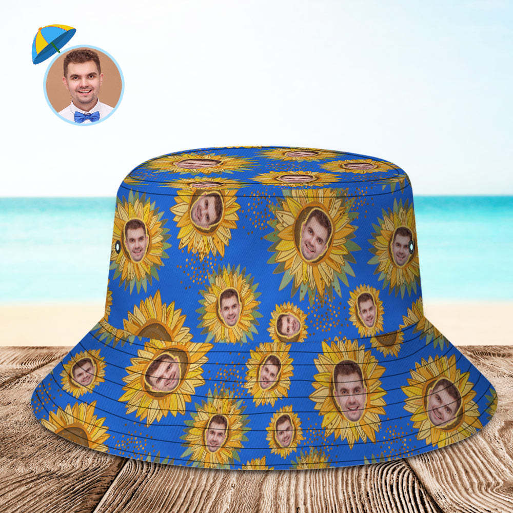 Benutzerdefinierte Gesichts-eimermütze, Unisex, Personalisiertes Foto, Sonnenblume, Sommermütze, Bunte Wander- Und Strandhüte - DePhotoBoxer