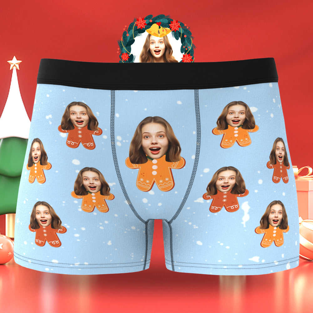 Benutzerdefinierte Gesichts-herren-boxershorts, Personalisierte Herren-weihnachtsshorts, Geschenk Mit Foto, Lebkuchenmann - DePhotoBoxer
