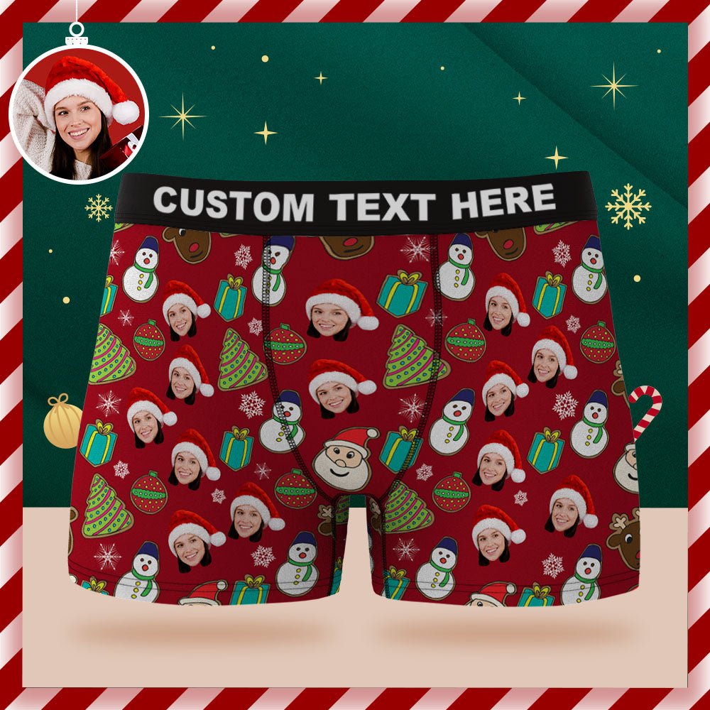 Boxershorts Mit Individuellem Gesicht, Personalisierte Rote Unterwäsche, Weihnachtsmann, Schneemann Und Elch, Frohes Weihnachtsgeschenk Für Ihn - DePhotoBoxer