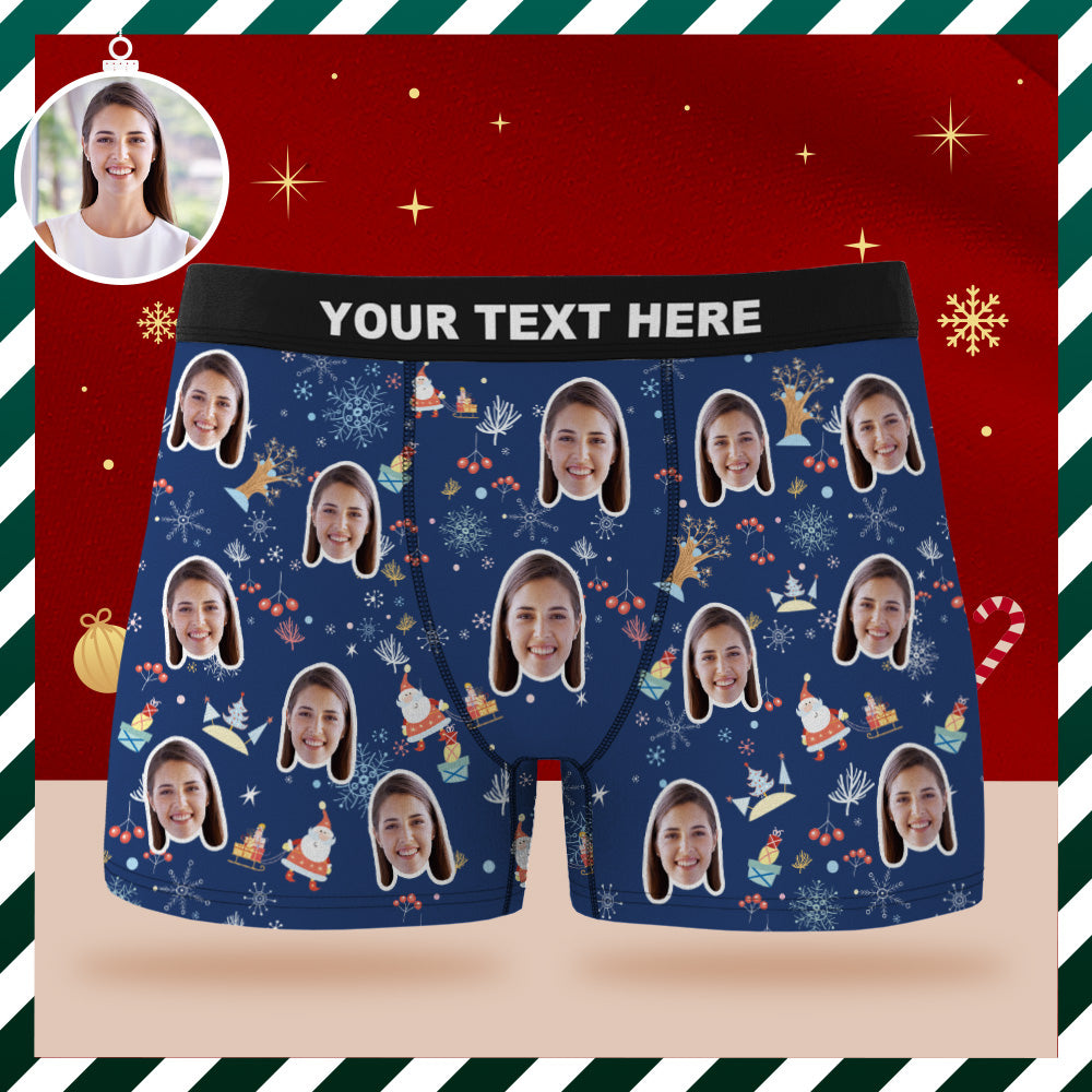 Benutzerdefinierte Gesichts-boxershorts, Personalisierte Blaue Unterwäsche, Weihnachtsmann, Frohes Weihnachtsgeschenk Für Ihn - DePhotoBoxer