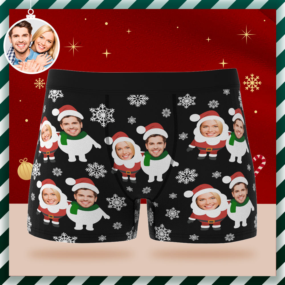 Custom Face Herren-boxershorts, Personalisierte Herren-weihnachtsshorts Mit Foto, Weihnachtsmann Und Schneemann - DePhotoBoxer