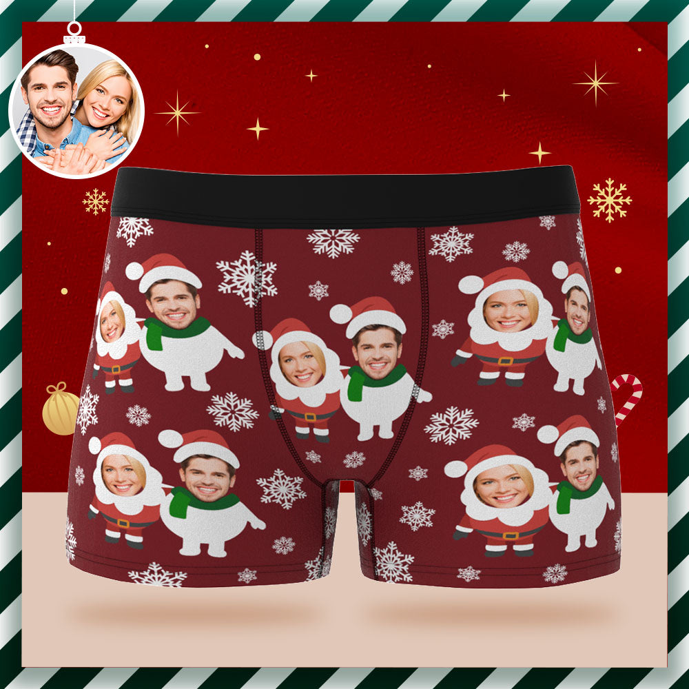 Custom Face Herren-boxershorts, Personalisierte Herren-weihnachtsshorts Mit Foto, Weihnachtsmann Und Schneemann - DePhotoBoxer